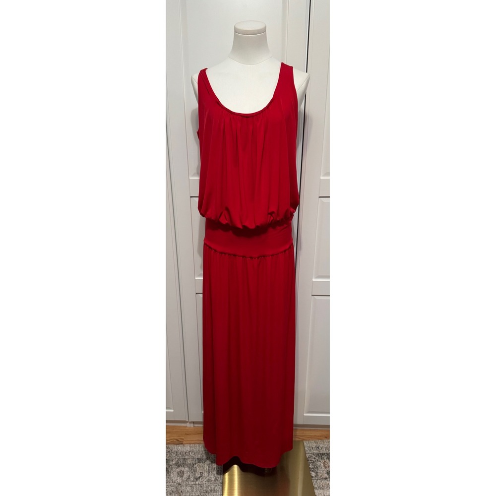Julian Chang Red Blouson Maxi Dress Sleeveless Smocked Waist Womens Large USA